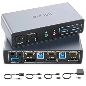 SUIDEK HDMI Displayport KVM Switch, 2 Computers 2 Monitors 4K@60Hz KVM Switches Dual Monitor for 2 PC, 3 USB 3.0 Ports Support Extended/Mirror Mode with Desktop Controller&2 USB Cables&Power Adapter
