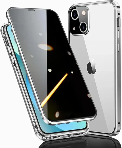 Privacy Case for iPhone 15 Plus,Anti-peep Screen Magnetic Double-sided Tempered Glass Phone Case ,360 Full Body Protection/Front & Back Metal Bumper/Anti-Spy Case with Camera Cover for 15 Plus,Silver