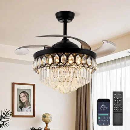 42″ Black Chandelier Ceiling Fan with Light and APP/Remote Control,Retractable Fandelier Celing Fan with Light,LED Kinds of Color Dimming 6-Speed Silent Crystal Ceiling Fan for Bedroom Living Room