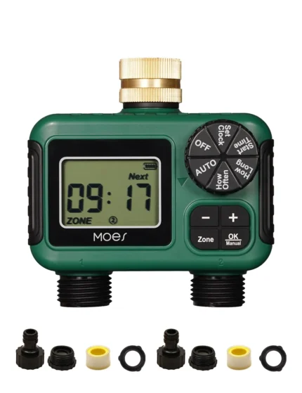MOES 2 Outlet Sprinkler Timer, Brass Inlet, Programmable Automatic Irrigation Controller, Rain Delay, Manual Watering, 2 Zone Water Hose Timer for Gardens, Lawns, and Hose Systems