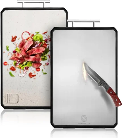 SMARTHAVEN Stainless steel Cutting Board,titanium coated Board,Double Sided Steel Cutting Board for kitchen,Stainless Steel/Wheat straw pp, double side chopping board food grade(L-42 * 31CM)