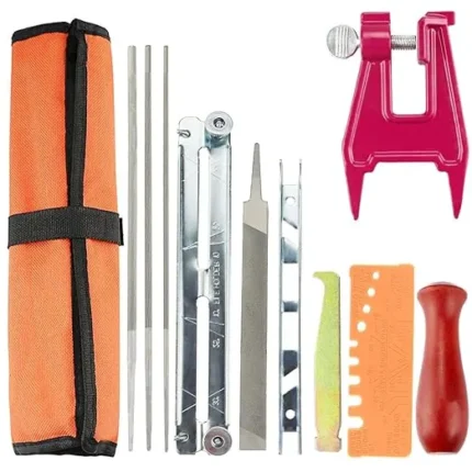 Chainsaw Sharpener File Kit, Chainsaw Field Sharpening Kit for Sharpening Chain Saw Blades, Include Chainsaw Filing Stump Vise, Round Files, Wood Handle, Depth Gauge, Quick Check Gauge etc
