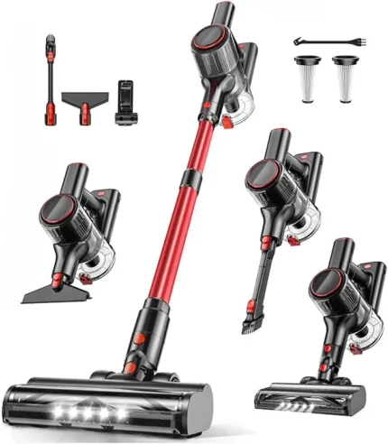TITIPOY Cordless Vacuum Cleaner, 400W 38Kpa Powerful 3 Suction Stick Vacuum, 45Mins Runtime, LED Display, Anti-Tangle V-Brush, 8-in-1 Lightweight Vacuum for Pet Hair, Carpet & Hard Floors (Red)