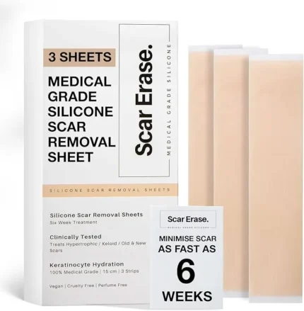 SCAR ERASE Medical Grade Silicone Scar Sheets (3cm x 15cm) - Soften and Flattens Keloid, Hypertrophic, Surgery, Injury & C-Section Scars - Vegan, Cruelty-Free - 6 Week Reusable Treatment (Pack of 3)
