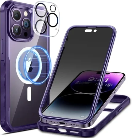 seacosmo Magnetic for iPhone 14 Pro Max Case, Privacy Phone Cover Compatible with Magsafe Built-in Anti Peep Tempered Glass Privacy Screen Protector and Camera Protective Full Body Shockproof - Purple