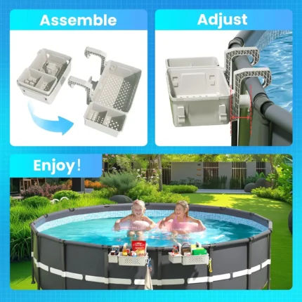 2 Sets Poolside Storage Basket for Above Ground Pool Accessories, Universal Fit Pool Storage with Cup Holders Large Capacity, Durable Pool Organizers for Towels Grey