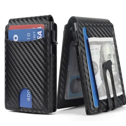 Minimalist Wallet for Men,Slim RFID Blocking Bifold Wallet Credit Card Holder Aluminum Pop-Up Card Case with Money Clip (Carbon Fiber Black)