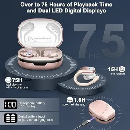 Wireless Earbuds Sport Bluetooth Headphones 5.4, 75Hrs Stereo New Bluetooth Earbuds with 4 HD Mic, Over-Ear Buds with Earhooks ENC Noise Canceling Earphones, IP7 Waterproof Headset for Workout/Running