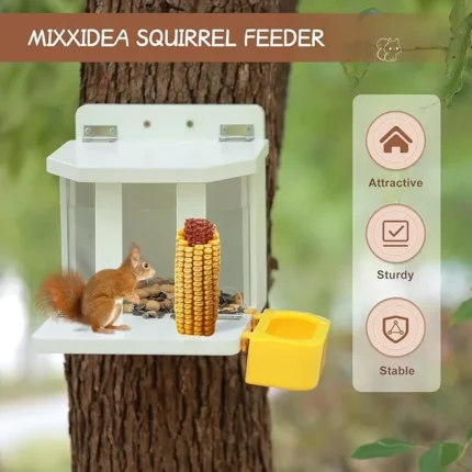 MIXXIDEA Wooden Squirrel Feeder with Water Bowl, Large Capacity Squirrels Feeders for Outside, Sturdy Construction, No Assembly Lovely Chipmunk Feeder for Corn, Peanut, Nuts, Chestnuts (White-1pk)