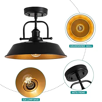 Semi Flush Mount Close to Ceiling Light, 12.6-Inch Farmhouse Industrial Fixture with Matte Black Shade and Gold Interior, E26 Base Vintage Ceiling Lamp for Kitchen, Hallway, Bedroom, Entryway