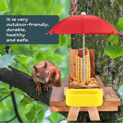 MIXXIDEA Wooden Squirrel Feeder Table with Water Bowl, Squirrel Picnic Table for Outside with Umbrella, Brown Squirrel Feeder with Corn Cob Holder Cute Chipmunk Feeder (Brown)