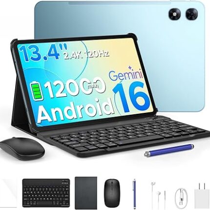 P13 Pro 13.4 inch Tablet, Android Tablet with 48GB RAM 256GB ROM, 2.4K 120Hz Android Tablet with Gemini AI, T7280 Octa-Core, 12000mAh,16MP+8MP, 5G WiFi, 4G LTE, Tablet with Keyboard, Pen- Blue