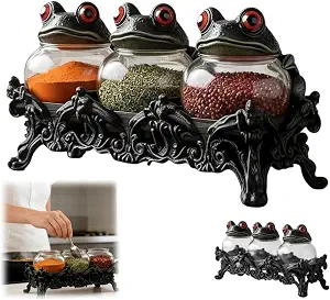 Witchy Frog Apothecary Spice Jars, Handcrafted Vintage Glass Storage Jars with Red-Eyed Frog Lids, Gothic Kitchen Herb Teas Food Storage Containers for Home Decor Fun Display (3-piece set)