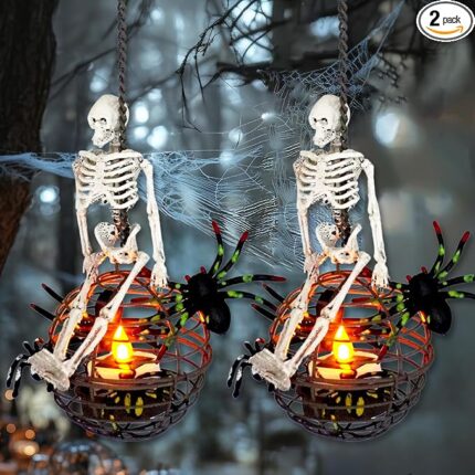 2 Pc Solar Halloween Hanging Ball Decor, Skull Lights Outdoor | Rust Iron Waterproof Flickering Tea Lanterns for Porch Yard Garden Tree Party Holiday Decorations
