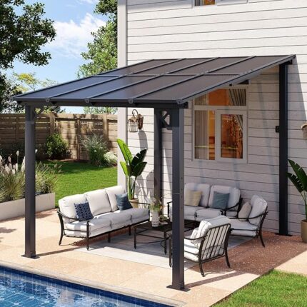 Aoxun 8’x10’ Gazebo for Patio, Gazebo Pergola with Sloped Roof, Black | Heavy Duty Aluminum Frame Lean to Gazebo, Wall Mounted Gazebos Pergola on Clearance, Awnings for Patio, Decks, Backyard