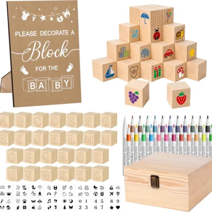 Baby Shower Game Blocks with 50 Decorate Wooden Blocks 24 Markers 1 Storage Box 1 Wooden Sign 16 Stencils(Classic)