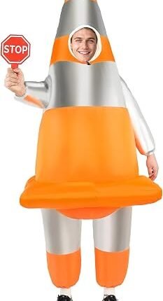 Halfjuly Inflatable Traffic Cone Costume Adult, Funny Orange Safety Construction Cone Blow Up Suit for Halloween Party