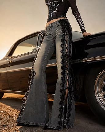 Women Y2K Low Rise Stratch FIare Jeans Side Lace Up Ball Battoms | Side lace-up cutouts, black lace trim, metal eyelets, stretch denim, faded wash, fitted thigh, bell-bottom silhouette