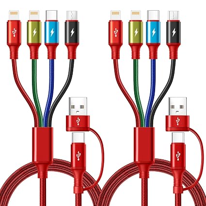 6 in 1 Multi Charging Cable 4A, USBA/C Charging Cords for Multiple Devices | USB A/C Ports Phone Charger Cord, Universal Travel Charger for iPhone17-12/Androids/Pad, Car, Camping and More, 2Pack 6FT