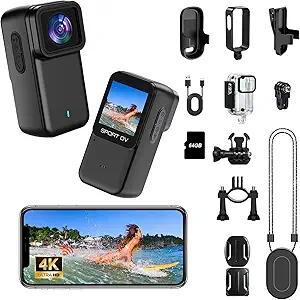 4K Mini Action Camera with Screen, Waterproof Body Camera with Wi-Fi, Thumb Cameras with Magnetic Mount, Small Body Cam for Vlogging, Portable POV Camcorder for Cycling, Travel, Outdoor Sports 64G