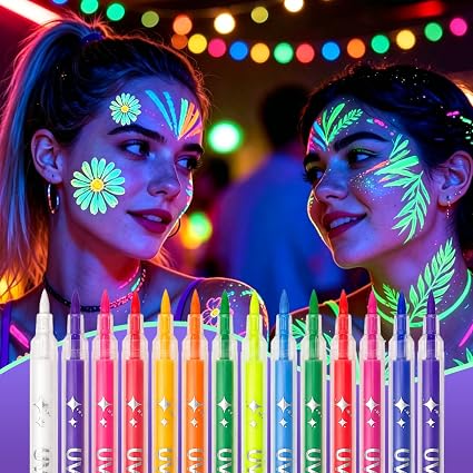 14 Colors Glow in the Dark Face & Body Paint, Neon Luminous Paint Pens Tattoo Markers, UV Black Light Face Paint for Skin, Kids, Adults, Nails, Halloween, Festival, Rave, Party Supplies