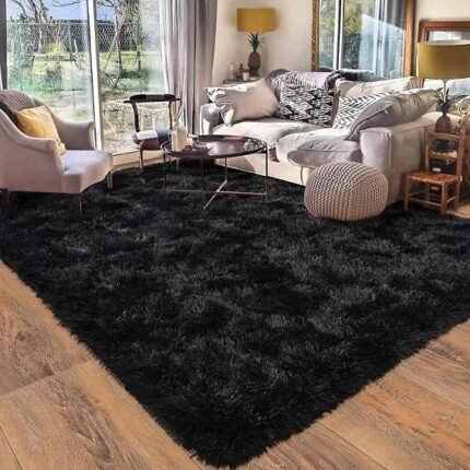 8x10 Area Rug Living Room Bedroom: Fluffy Plush Shag Carpet Black