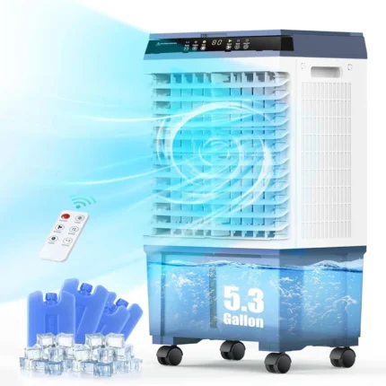 Manastin Swamp Cooler Air Conditioners, 4-IN-1 Portable Evaporative Cooler Cools Up to 20 Sq.Ft, Large 1.2Gal Tank for 24/7 Cooling, Low Noise Cooling Fan with Remote Control Fits for Large Rooms