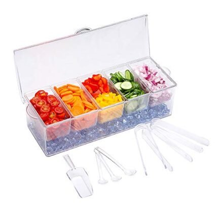Ice Cream Toppings Bar Kit, 4-Cell Clear Acrylic Ice Cream Bar Supplies With Covers And Spoons, Sundae Bar Topping Containers For Rainbow Sprinkles,Chocolate Chips, Fruits, Candy, Nuts Storage