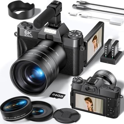 Digital Camera, 64MP Vlogging, WiFi, 3" flip Screen, 18 Filters, 16X Zoom, Beauty, 64GB; AF