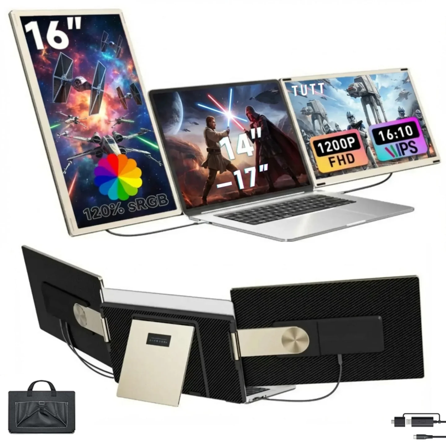 TUTT_16_FHD_Portable_Monitor_1610_Aspect_Ratio_Triple_Laptop_Screen_Extender_USB-CHDMI_7_Viewing_Modes_All_Devices_Compatible_with_Converter_Cable_H5_Included_S7_Pro