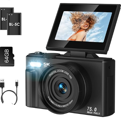 5K Digital Camera, 75MP Vlogging Camera for YouTube, Black